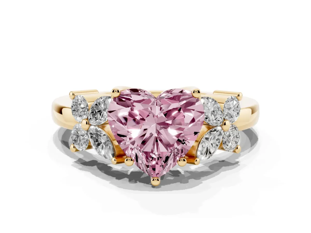 Fancy Pink Heart Cut Diamond Floral Cluster Ring with Solitaire Band and Prong Setting Yellow gold