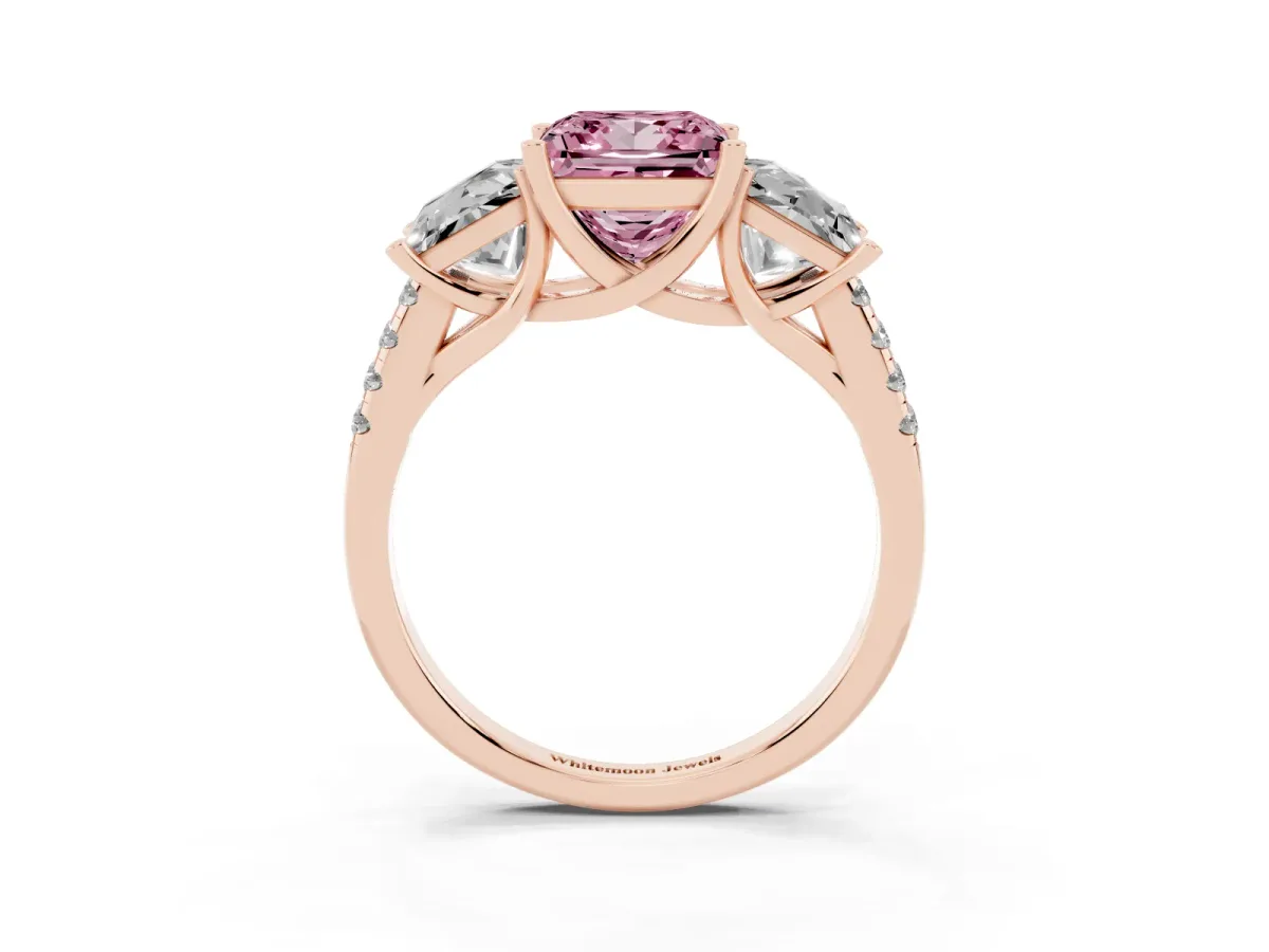 Fancy Pink Three-Stone Princess Cut Diamond Ring with Round Pavé Band and Prong Setting Rose gold