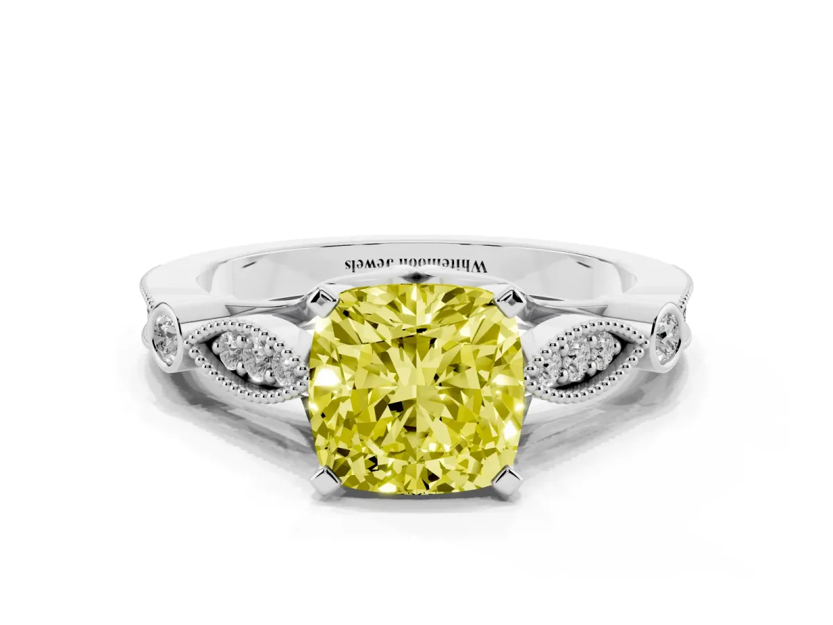Fancy Yellow Cushion Cut Cut Diamond with Milgrain Marquise and Bezel Accents on a Solitaire Band with Prong Setting Platinum