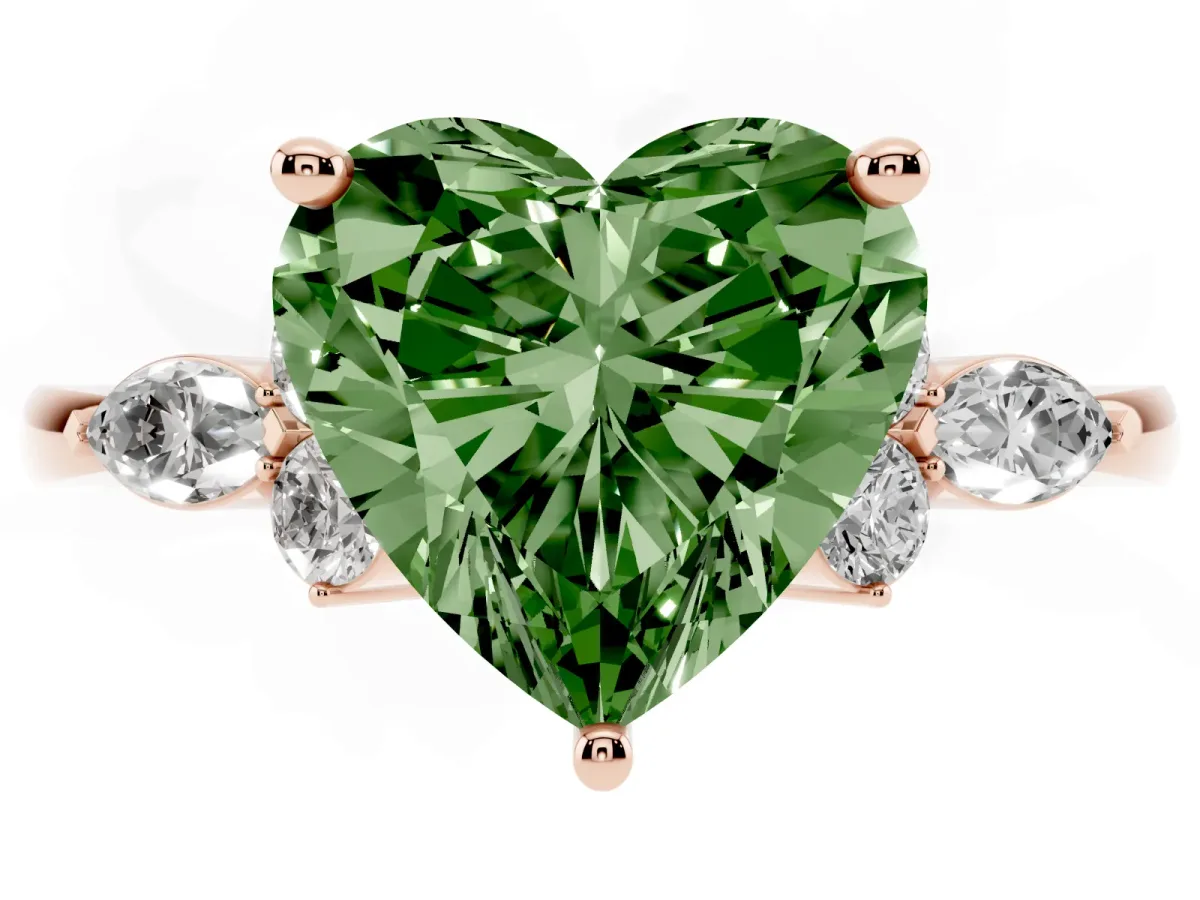 Fancy Green Heart Cut Brilliant Diamond Solitaire Ring with Pear Side Stones and Four-Prong Setting Rose gold