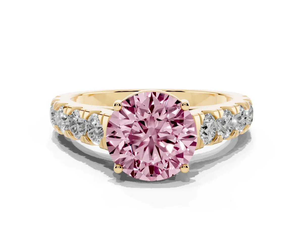 Fancy Pink Round Cut Cut Diamond Solitaire Ring with Micro Pave Band and Prong Setting Yellow gold