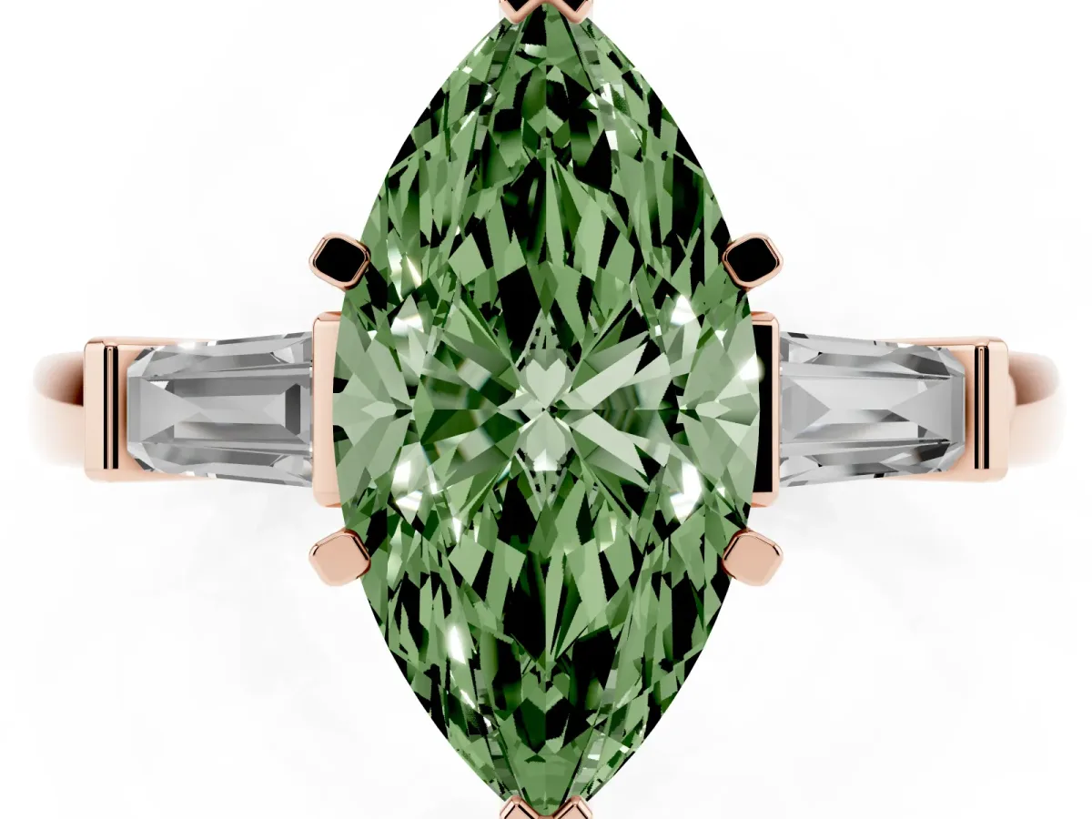 Fancy Green Marquise Cut Cut Diamond Solitaire Ring with Tapered Baguette Accents and Four-Prong Setting Rose gold
