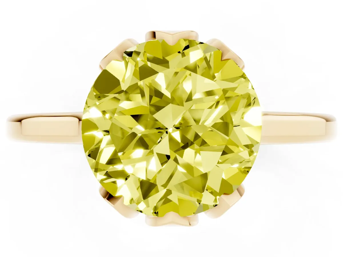 Fancy Yellow Round Cut Diamond Solitaire Ring with Flower Prong Setting and Classic Band Yellow gold