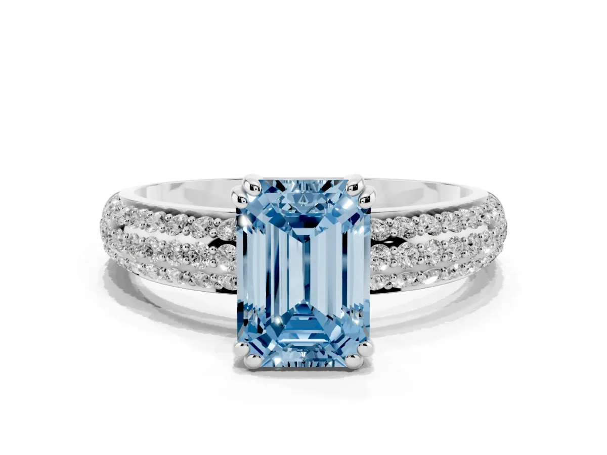 Fancy Blue Emerald Cut Diamond Solitaire Ring with Multi-Row Round Pavé Band and Prong Setting Silver