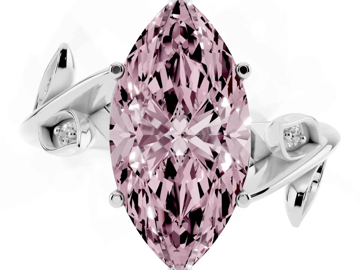 Fancy Pink Marquise Cut Solitaire Twist Engagement Ring with Leaf Accents and Prong Setting Silver
