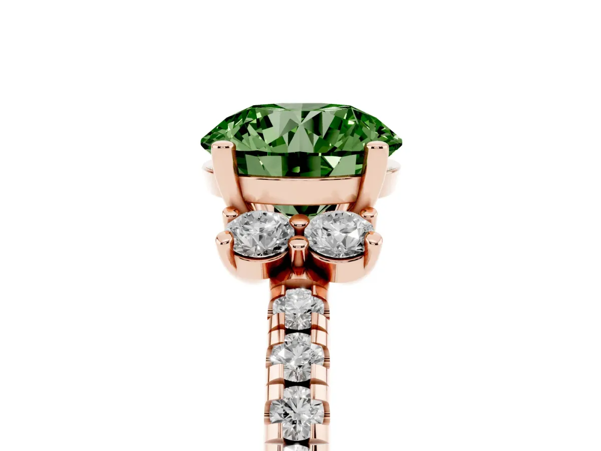 Fancy Green Round Cut Diamond Three-Stone Pave Band with Four-Prong Setting Rose gold
