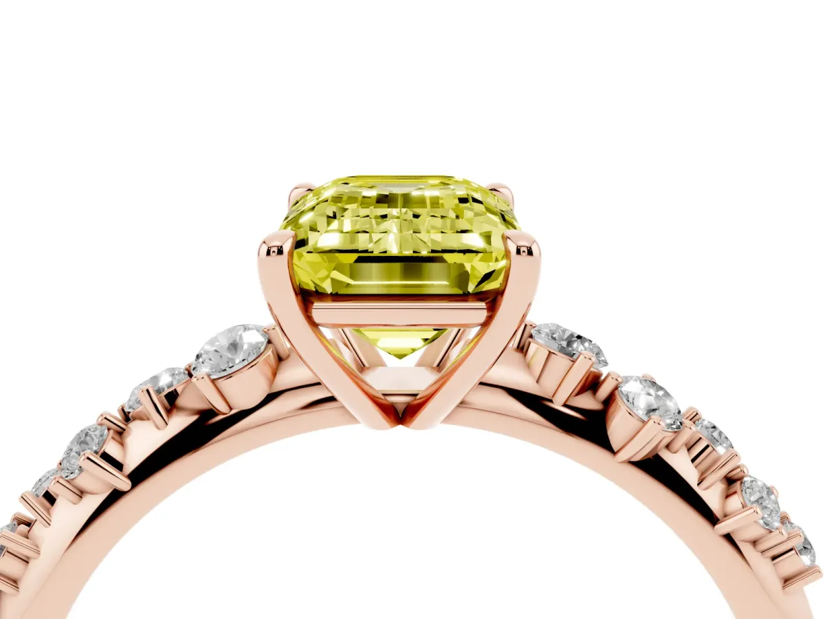 Fancy Yellow Emerald Cut Diamond Cluster Side Stone Solitaire Ring with Prong Setting Rose gold