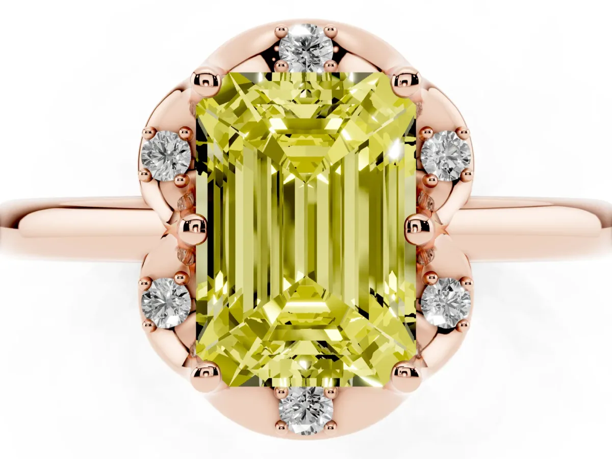 Fancy Yellow Emerald Cut Halo Diamond Ring with Round Cluster Setting, Solitaire Band, and Four-Prong Setting Rose gold