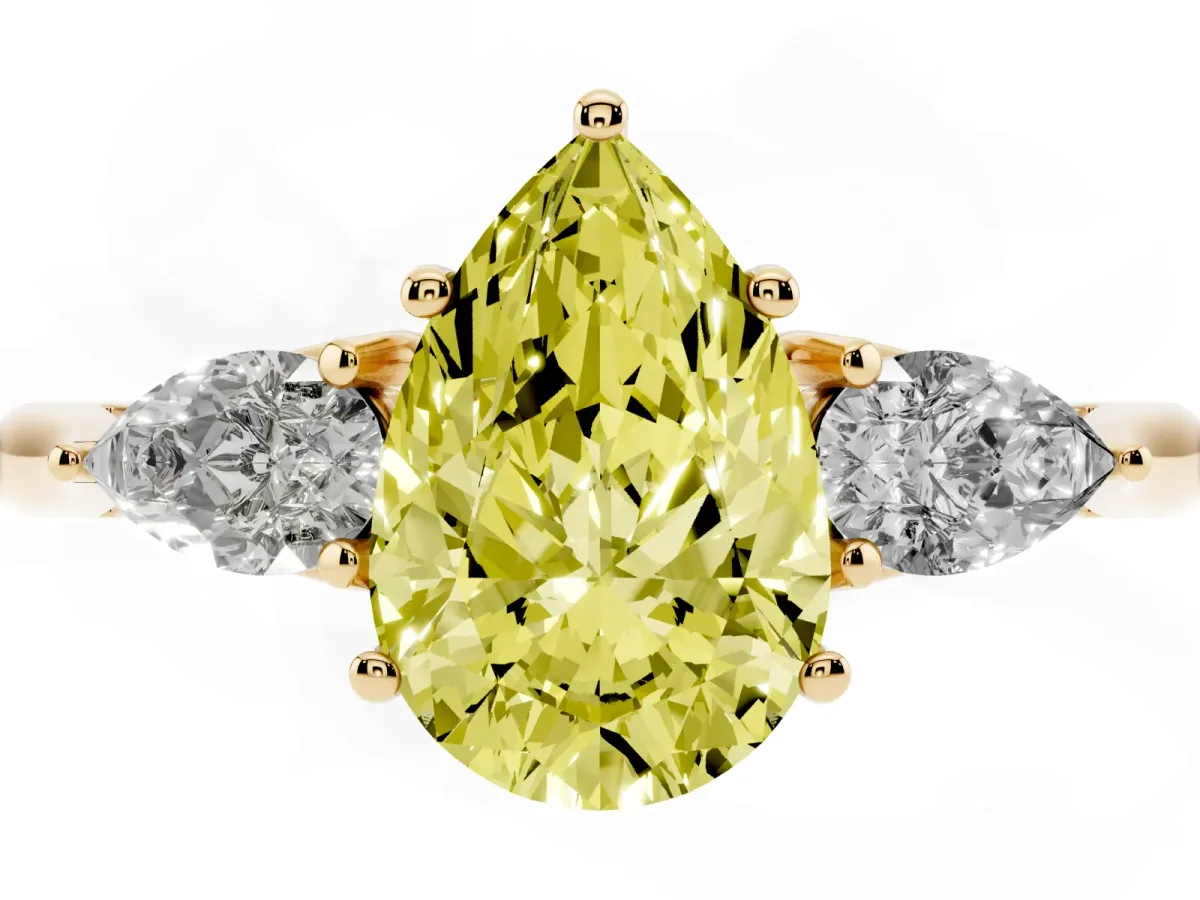 Fancy Yellow Three-Stone Pear Cut Diamond Ring with Pear Side Stones in Four-Prong Setting Yellow gold