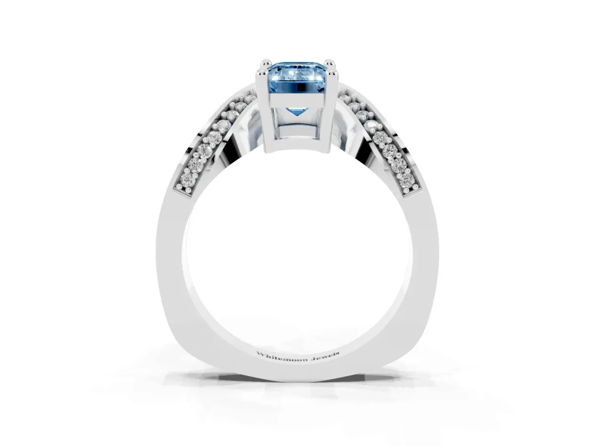 Fancy Blue Emerald Cut Solitaire Diamond Engagement Ring with Pave Band and Four-Prong Setting Silver