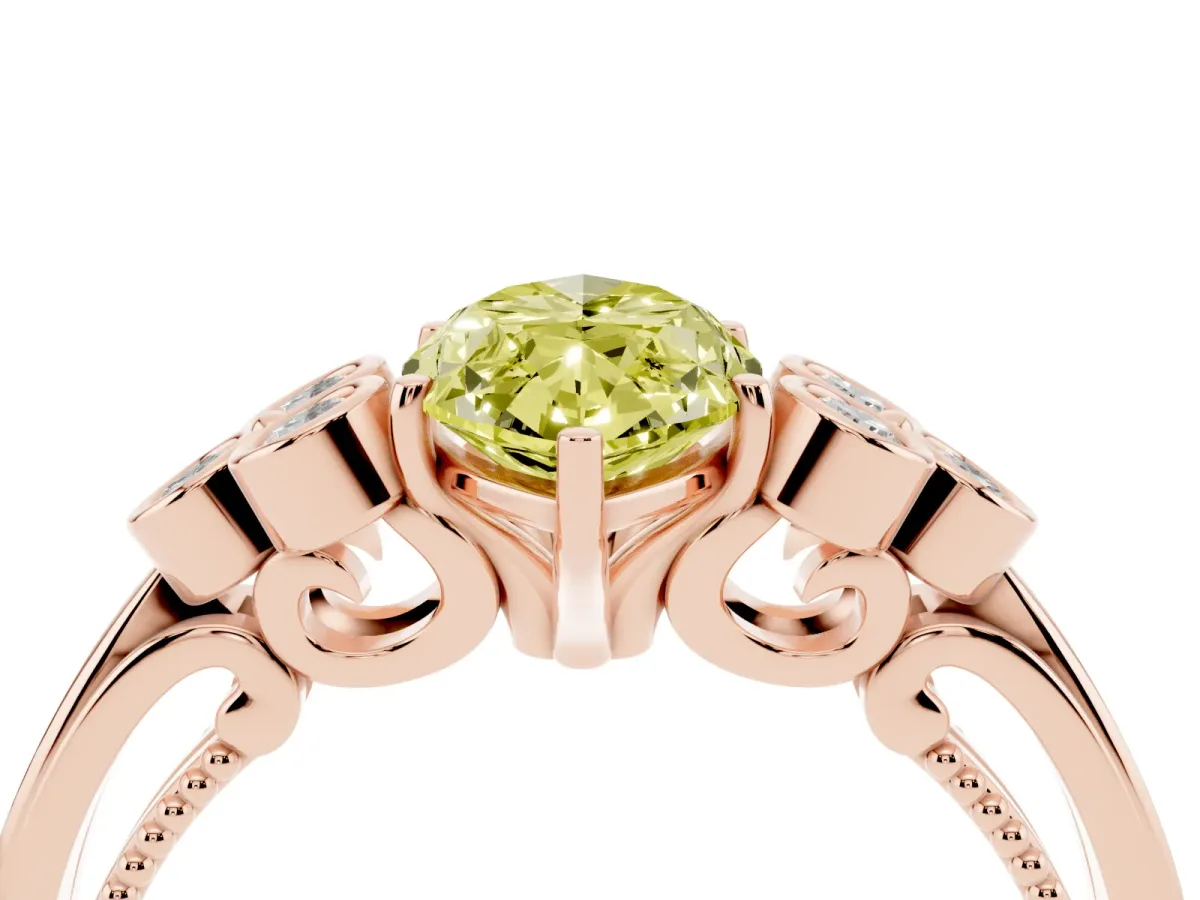 Fancy Yellow Marquise Cut Cut Diamond Engagement Ring with Bezel Set Round Side Stones and Prong Setting Rose gold