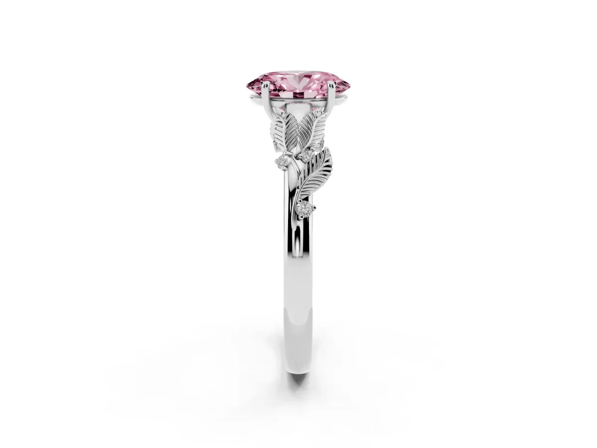 Fancy Pink Oval Cut Diamond Solitaire Ring with Leaf Motif Band and Four-Prong Setting Silver
