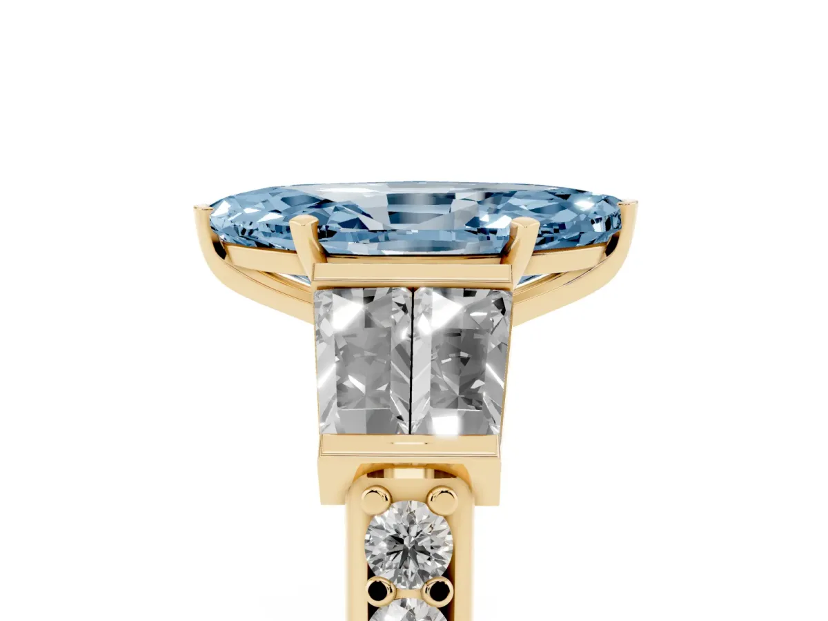 Fancy Blue Marquise Cut Diamond Engagement Ring with Baguette Side Stones and Channel Set Band Yellow gold