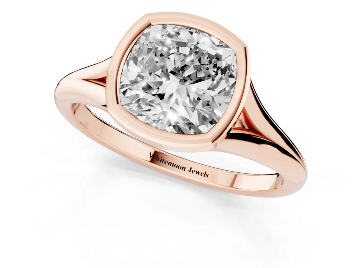 Bezel Set Cushion Cut Cut Solitaire Ring with Tapered Band Rose gold