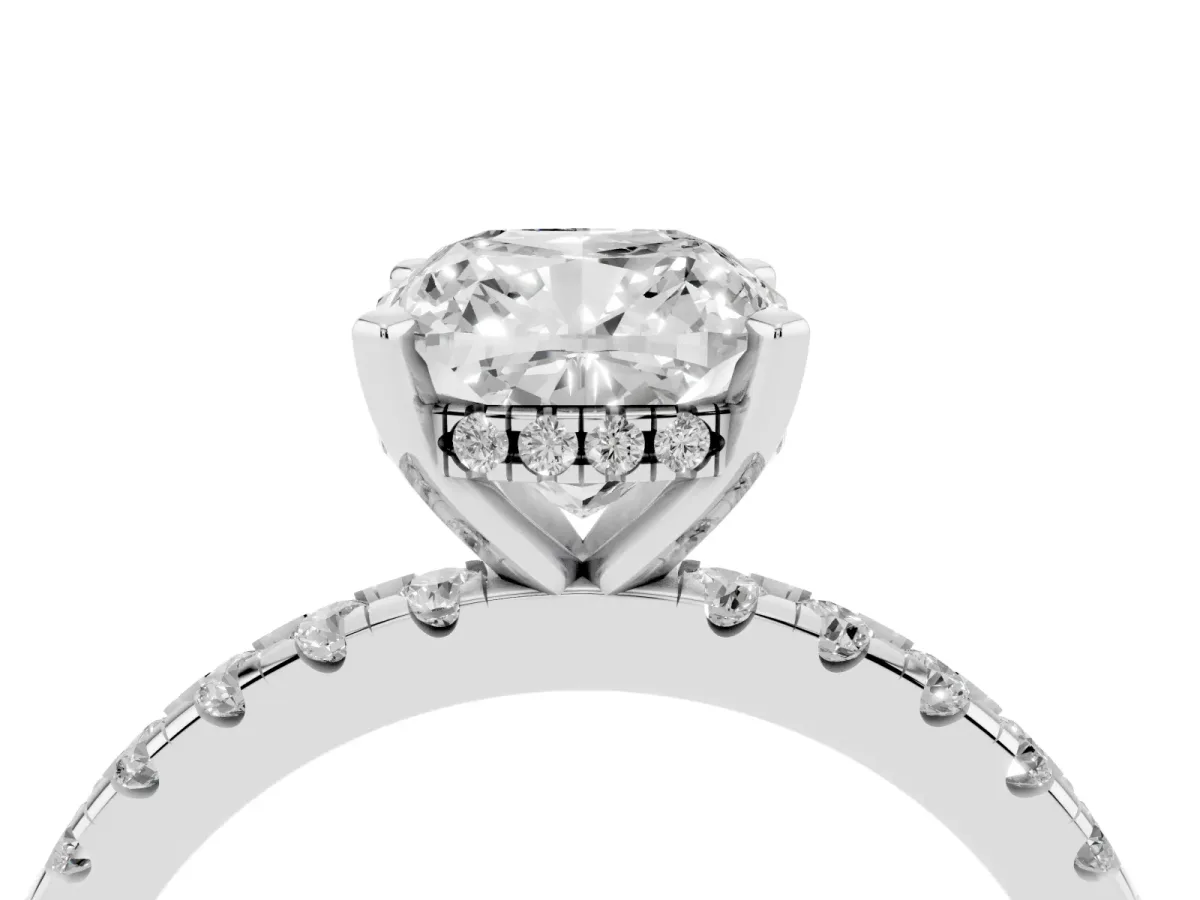 Cushion Cut Diamond Solitaire Ring with Round Pavé Band and Four-Prong Setting Silver