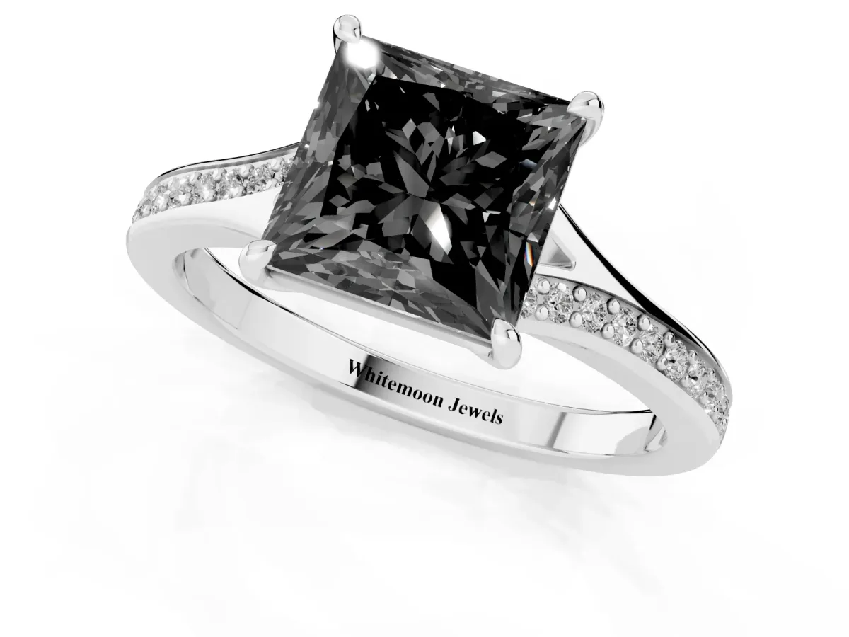 Fancy Black Princess Cut Diamond Solitaire Ring with Pavé Band and Prong Setting Silver