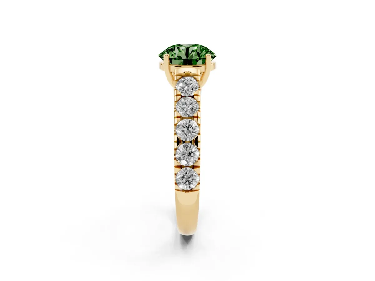 Fancy Green Round Cut Cut Diamond Solitaire Ring with Micro Pave Band and Prong Setting Yellow gold