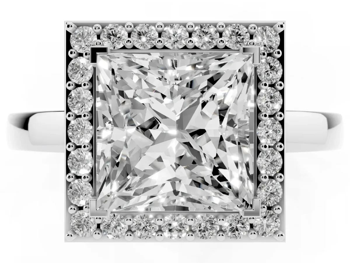 Princess Cut Halo Diamond Ring with Solitaire Band and Prong Setting Silver