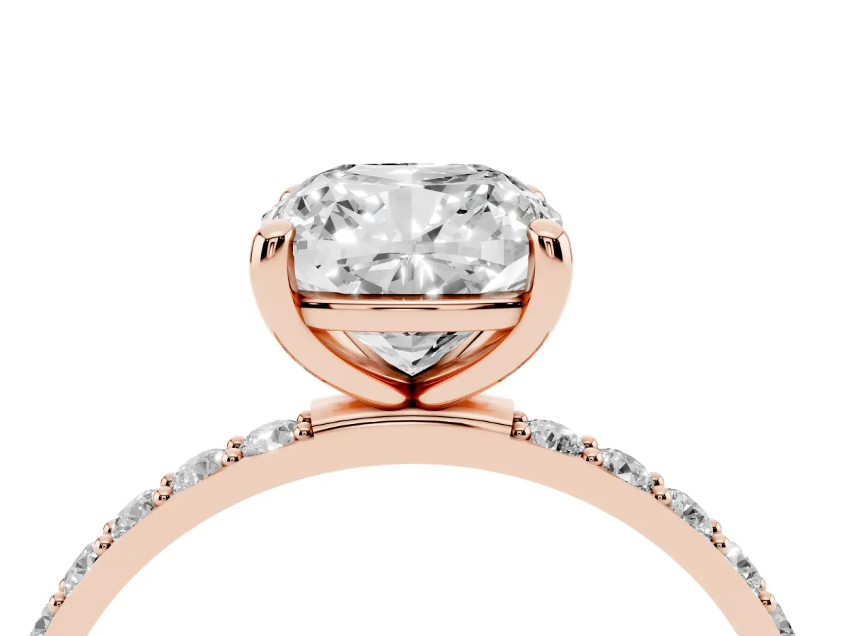 Cushion Cut Diamond Solitaire Ring with Round Pavé Band and Prong Setting Rose gold