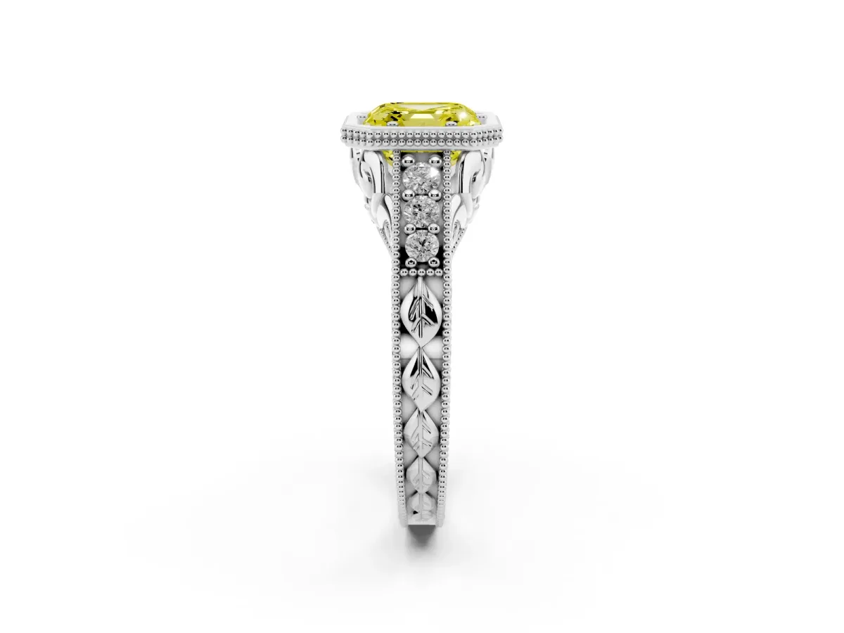 Fancy Yellow Bezel Set Asscher Cut Diamond Milgrain Pave Engagement Ring Platinum