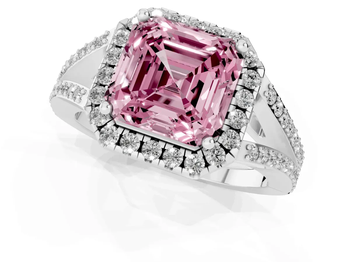 Fancy Pink Asscher Cut Halo Split Shank Diamond Ring with Prong Setting Silver
