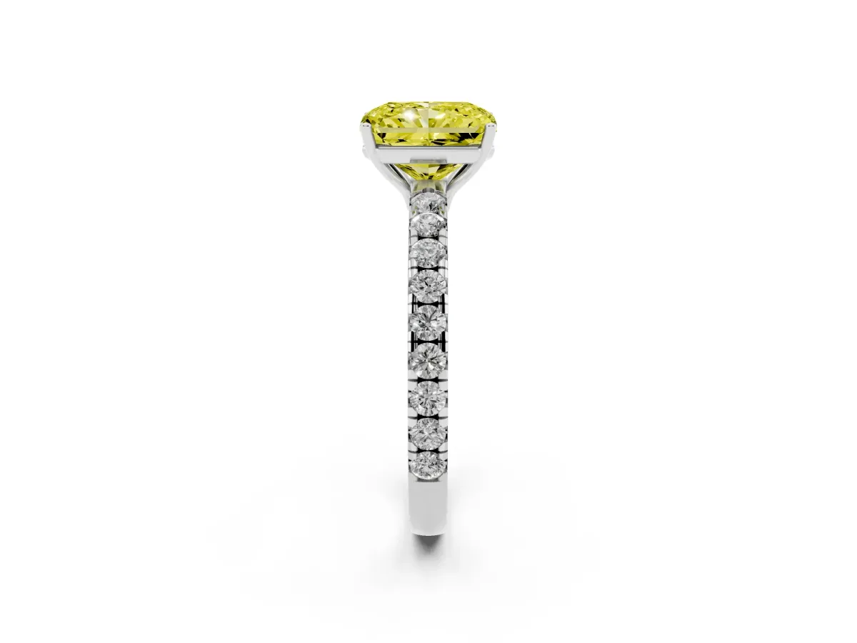 Fancy Yellow Radiant Cut Diamond Pavé Solitaire Engagement Ring with Four-Prong Setting Silver