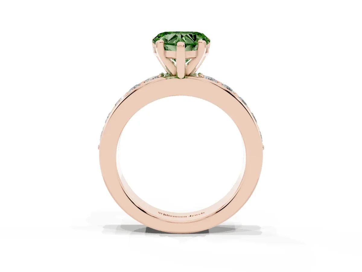 Fancy Green Heart Cut Diamond Engagement Ring with Channel Set Round Band and Prong Setting Rose gold