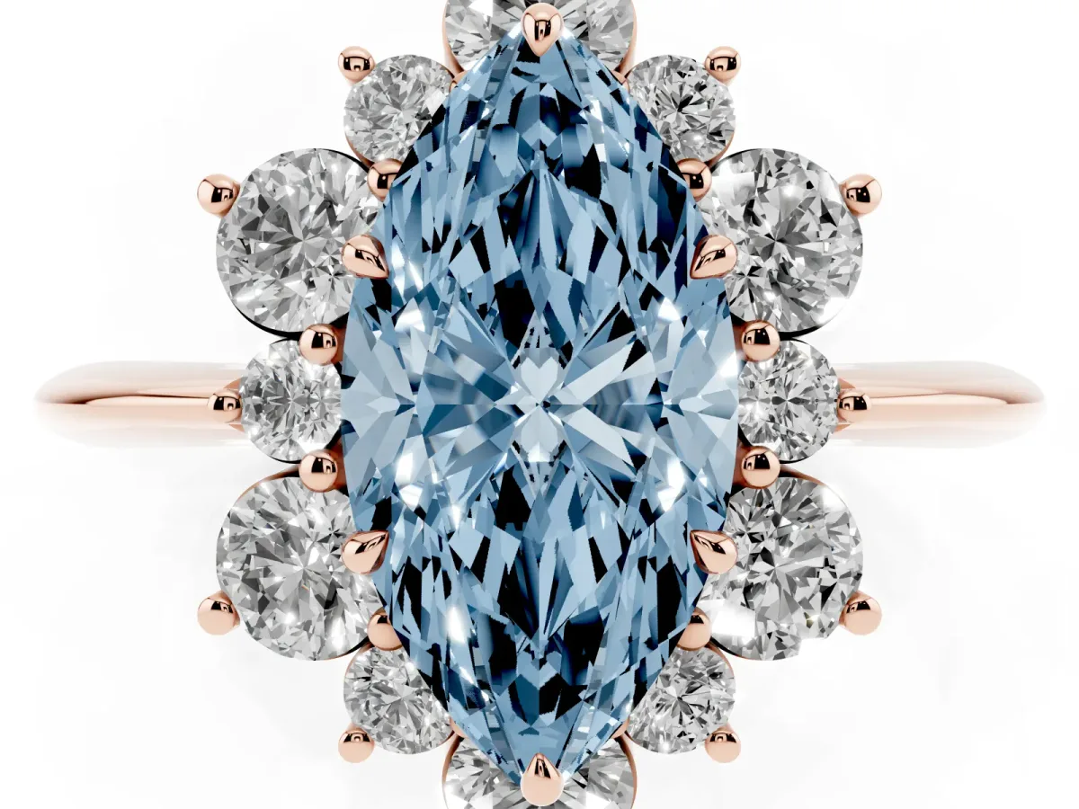 Fancy Blue Marquise Cut Diamond Cluster Halo Ring with Solitaire Band and Four-Prong Setting Rose gold
