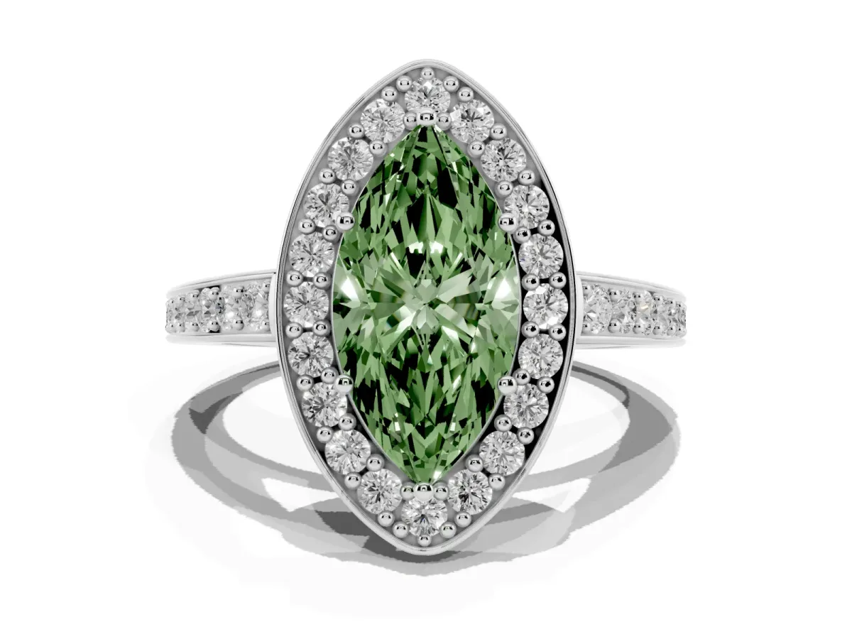 Fancy Green Marquise Cut Halo Pavé Diamond Engagement Ring with Bezel Setting Platinum