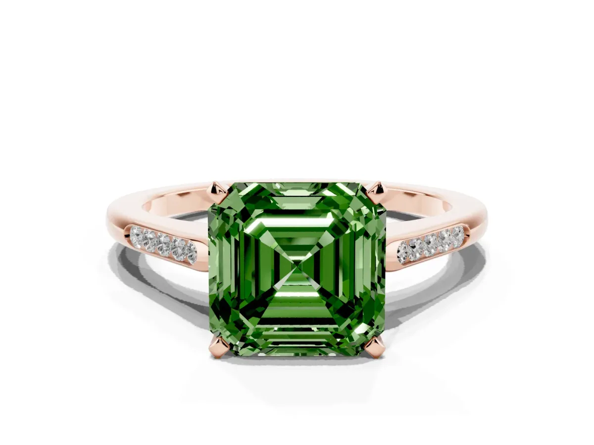 Fancy Green Asscher Cut Diamond Solitaire Ring with Channel Set Round Band and Prong Setting Rose gold