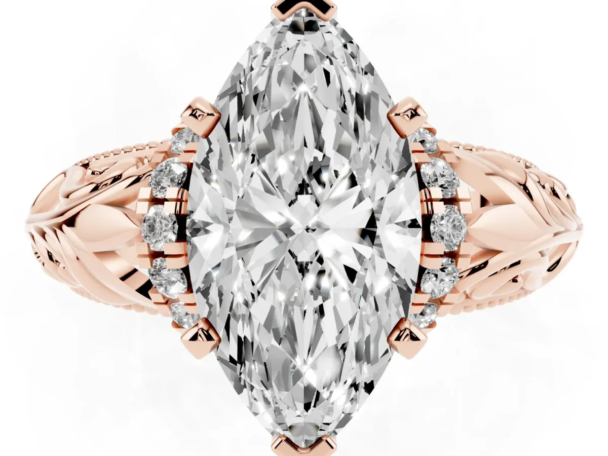 Marquise Cut Solitaire Filigree Engagement Ring with Halo and Prong Setting Rose gold