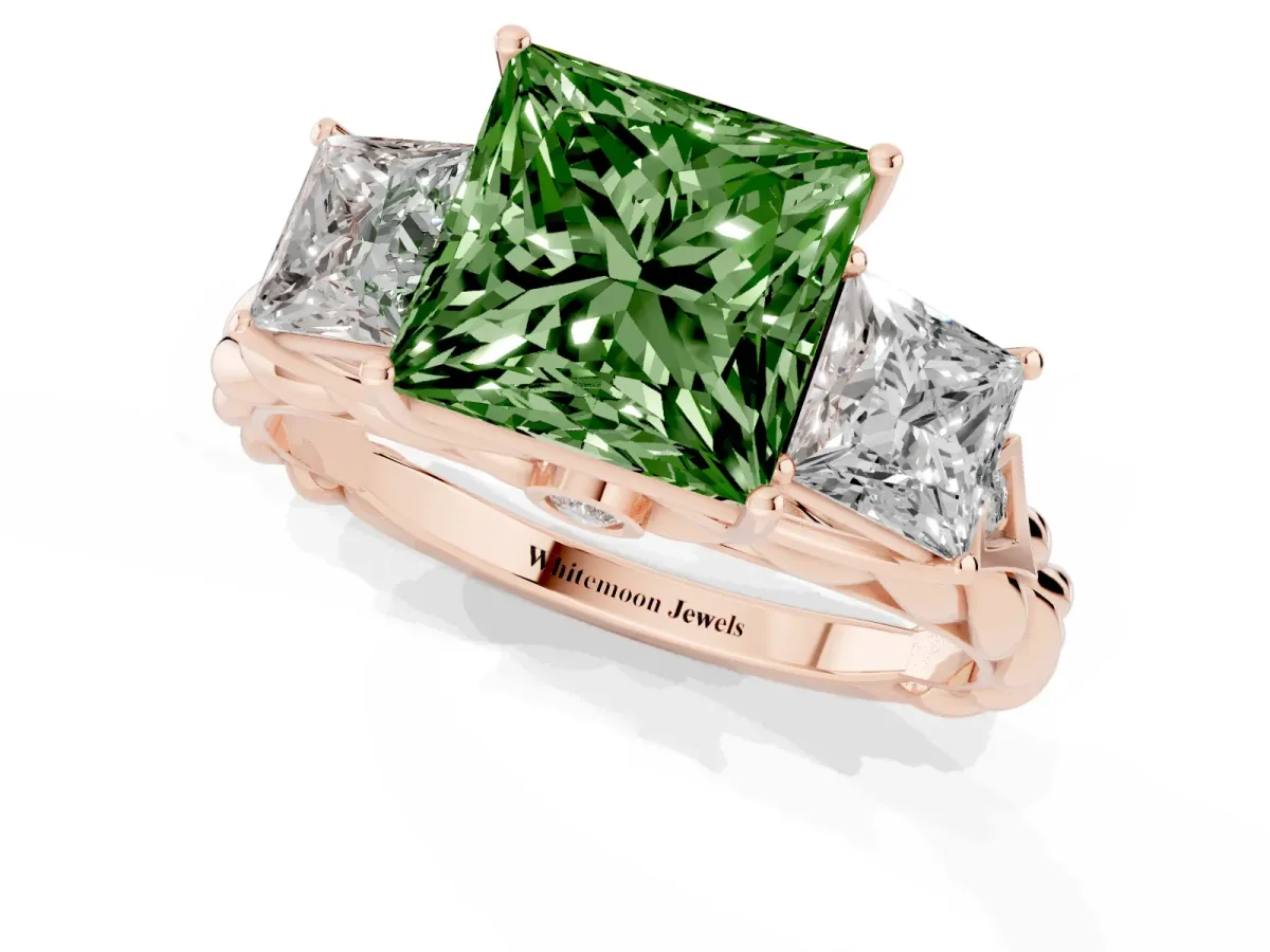 Fancy Green Three-Stone Princess Cut Diamond Braided Band Ring with Four-Prong Setting Rose gold