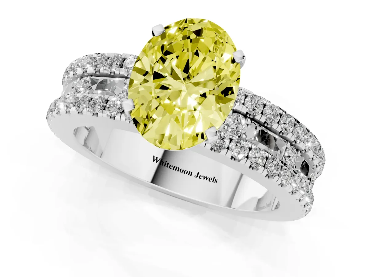 Fancy Yellow Oval Cut Diamond Solitaire Ring with Pavé and Channel Set Band Silver