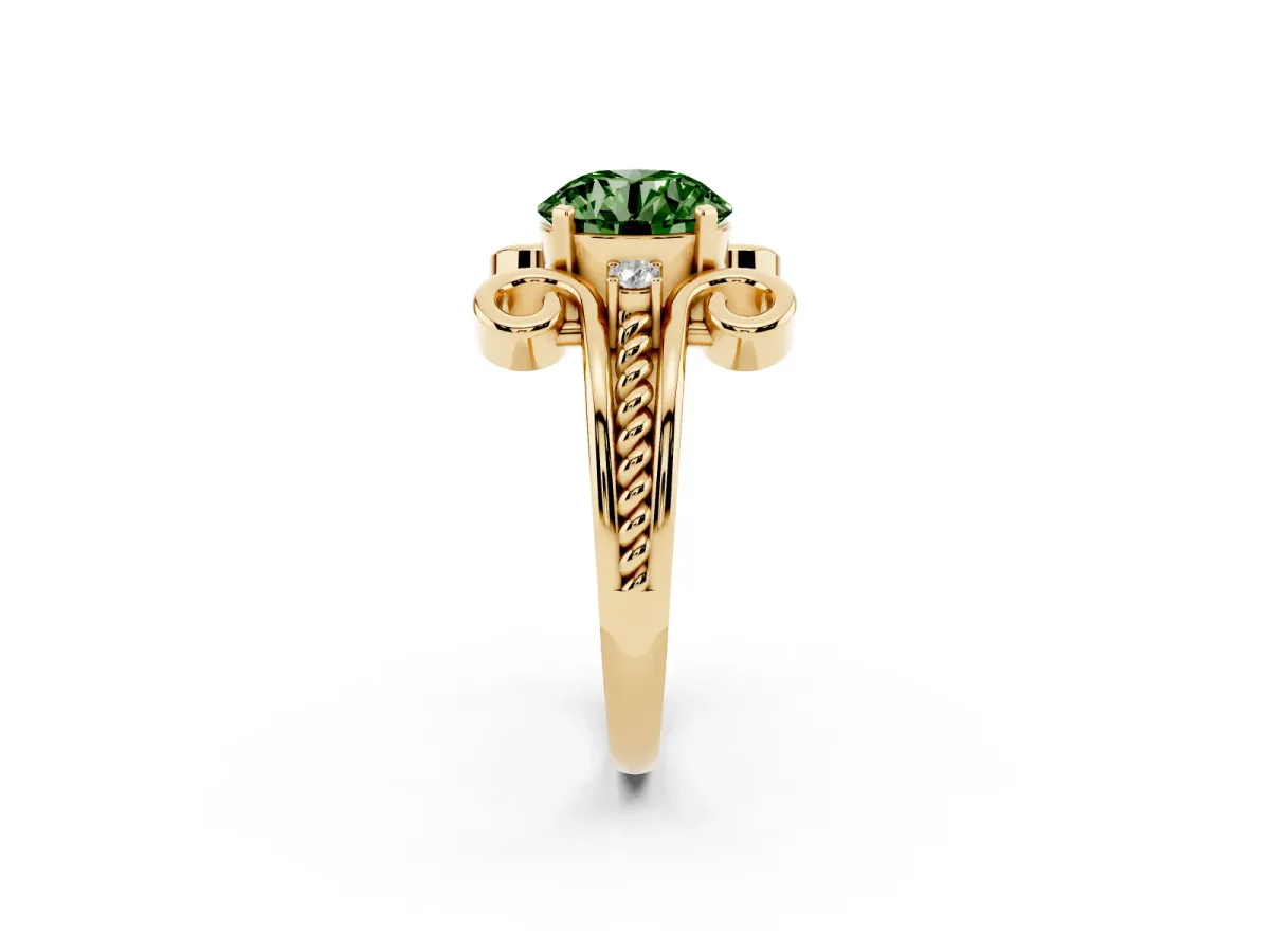 Fancy Green Round Cut Solitaire Twisted Band Scroll Prong Ring Yellow gold