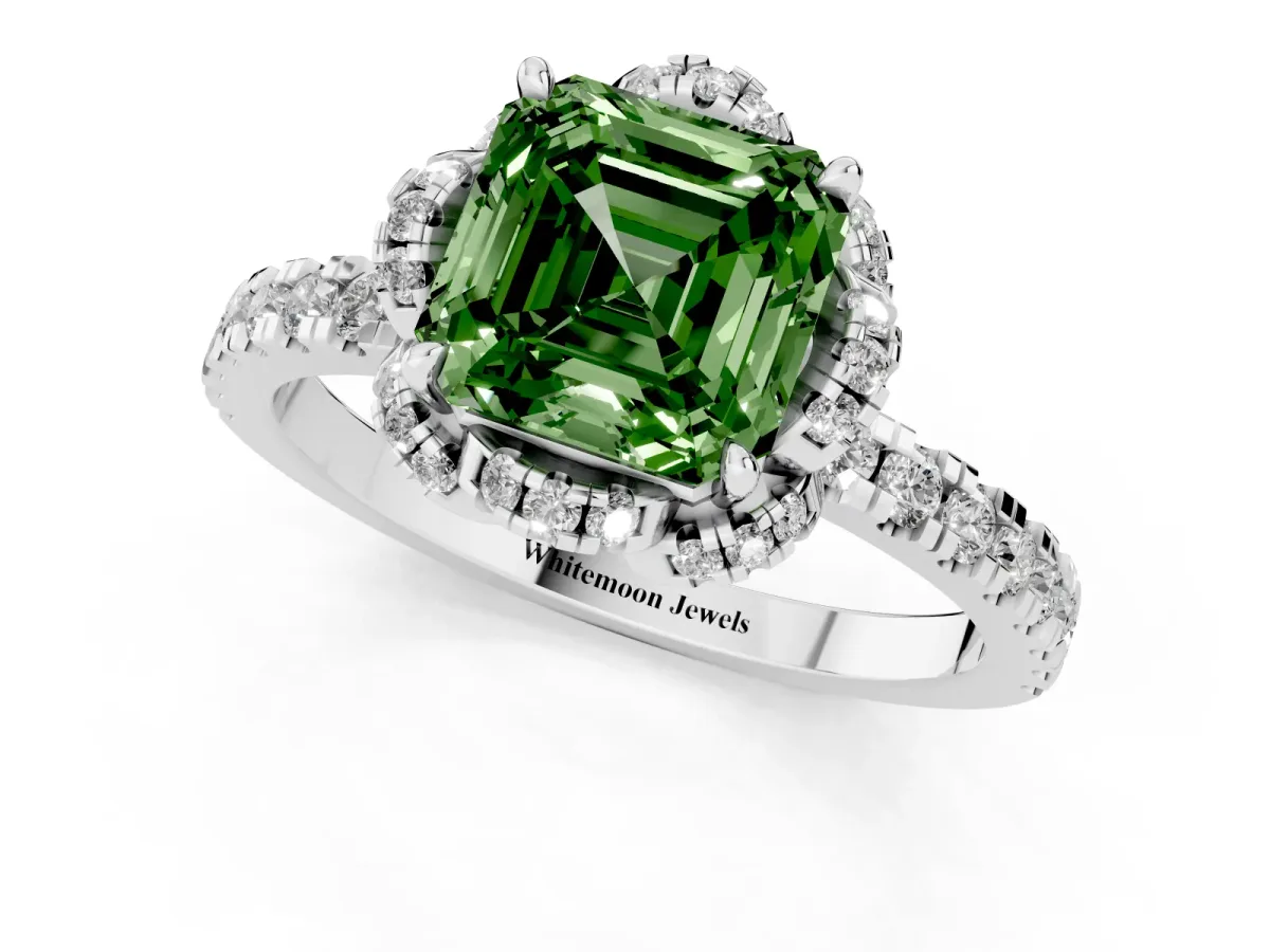 Fancy Green Asscher Cut Halo Diamond Pave Band Ring with Four-Prong Setting Silver
