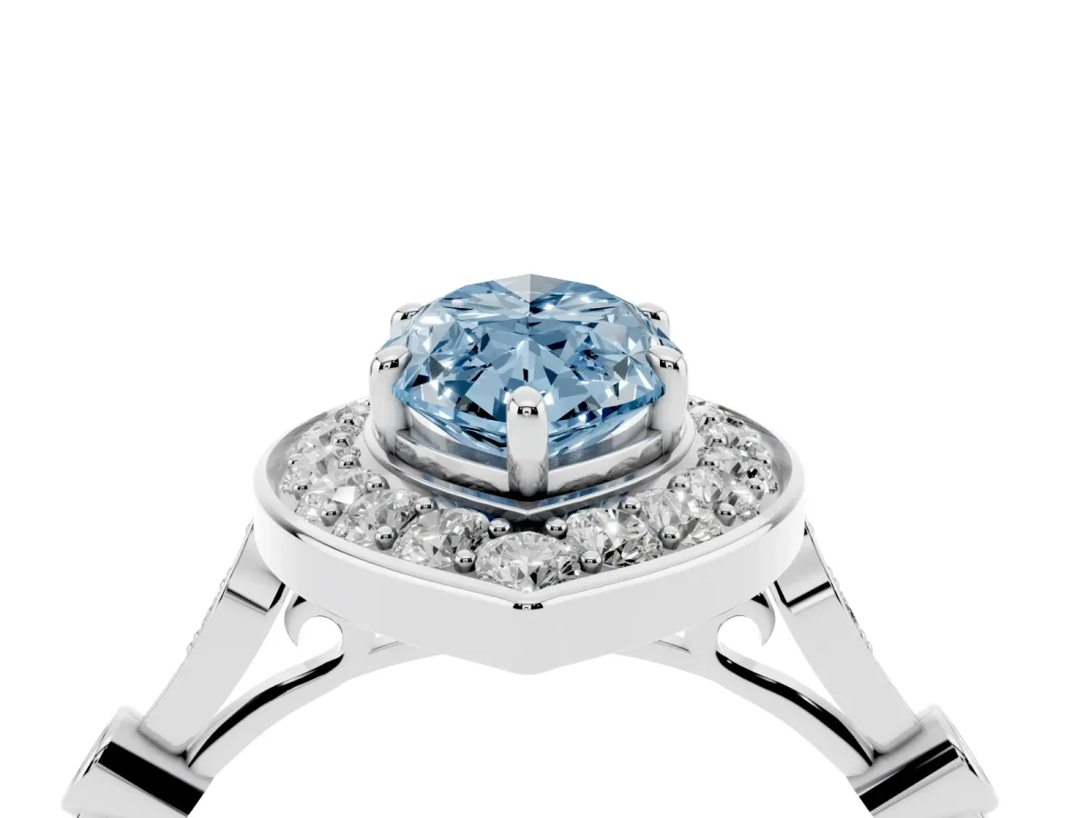 Fancy Blue Marquise Cut Halo Diamond Engagement Ring with Twisted Band and Four-Prong Setting White gold