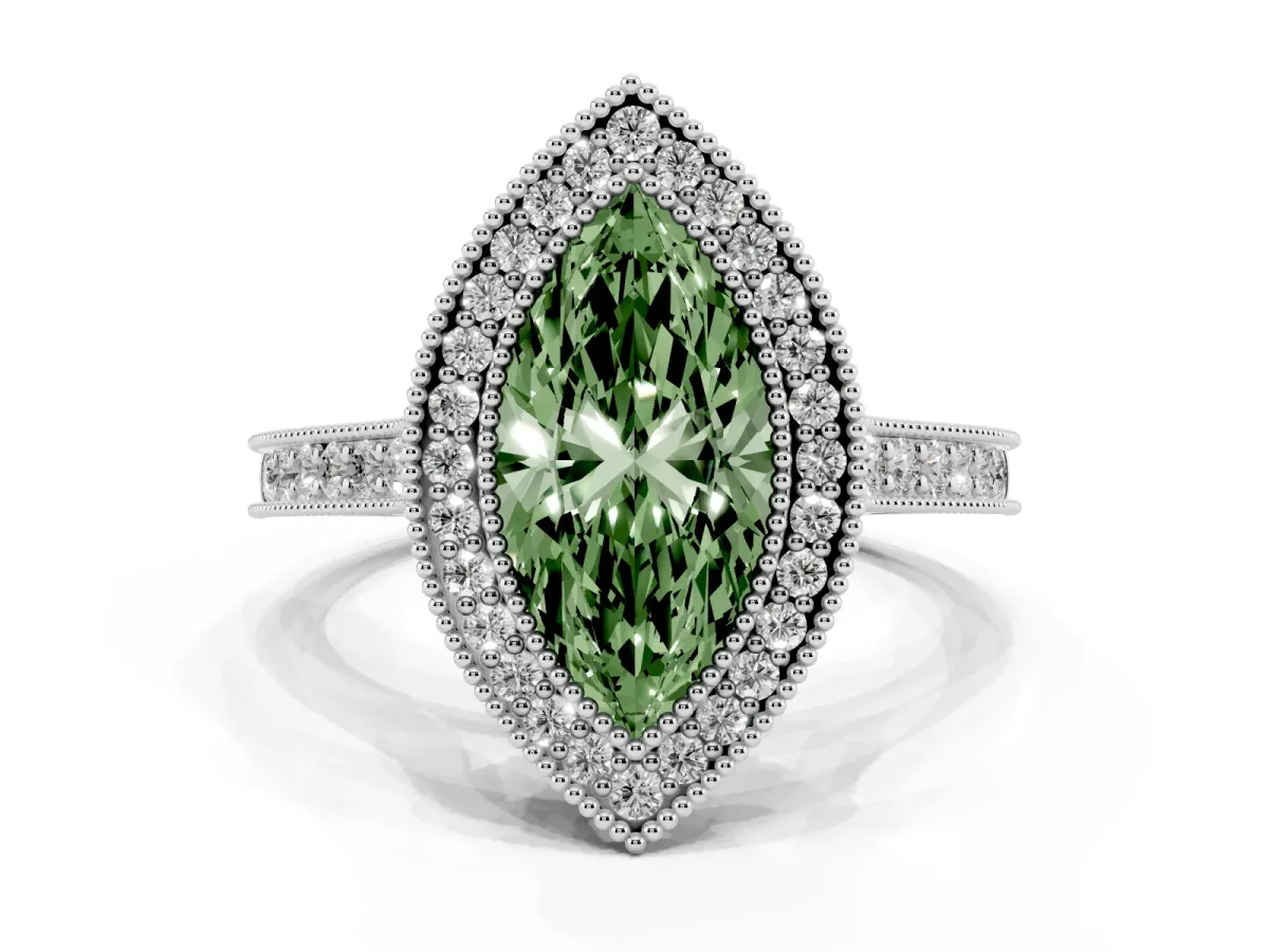 Fancy Green Halo Marquise Cut-Cut Diamond Pave Band Milgrain Prong Setting Ring White gold