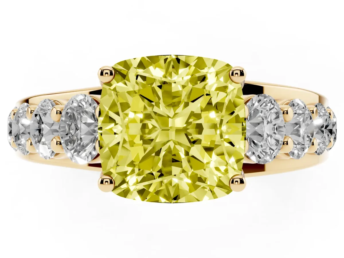 Fancy Yellow Cushion Cut Diamond Engagement Ring with Pavé Band and Four-Prong Setting Yellow gold