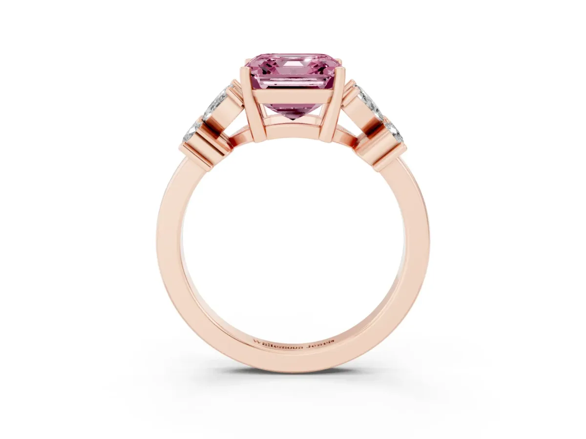 Fancy Pink Princess Cut Diamond Floral Cluster Ring with Solitaire Band and Prong Setting Rose gold