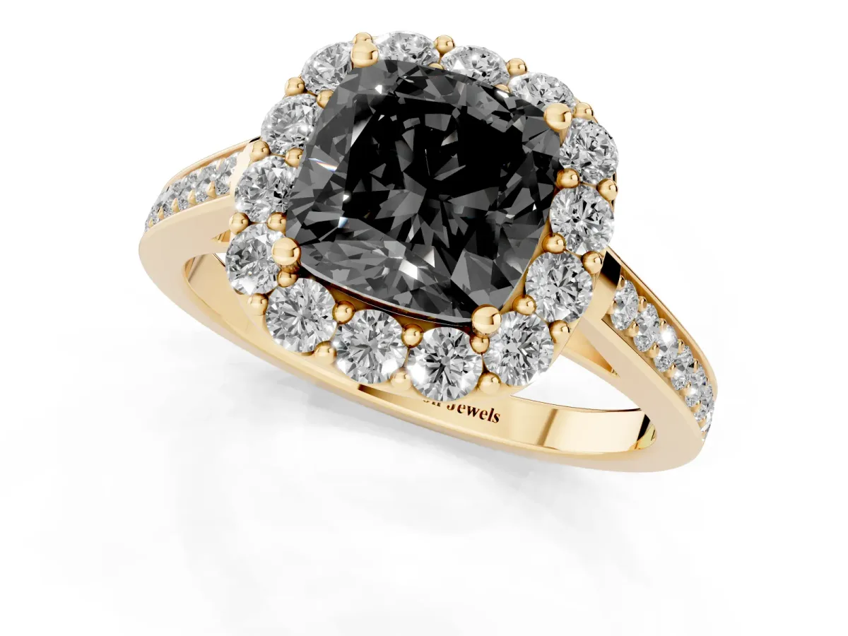 Fancy Black Cushion Cut Diamond Floral Halo Ring with Pavé Band and Prong Setting Yellow gold