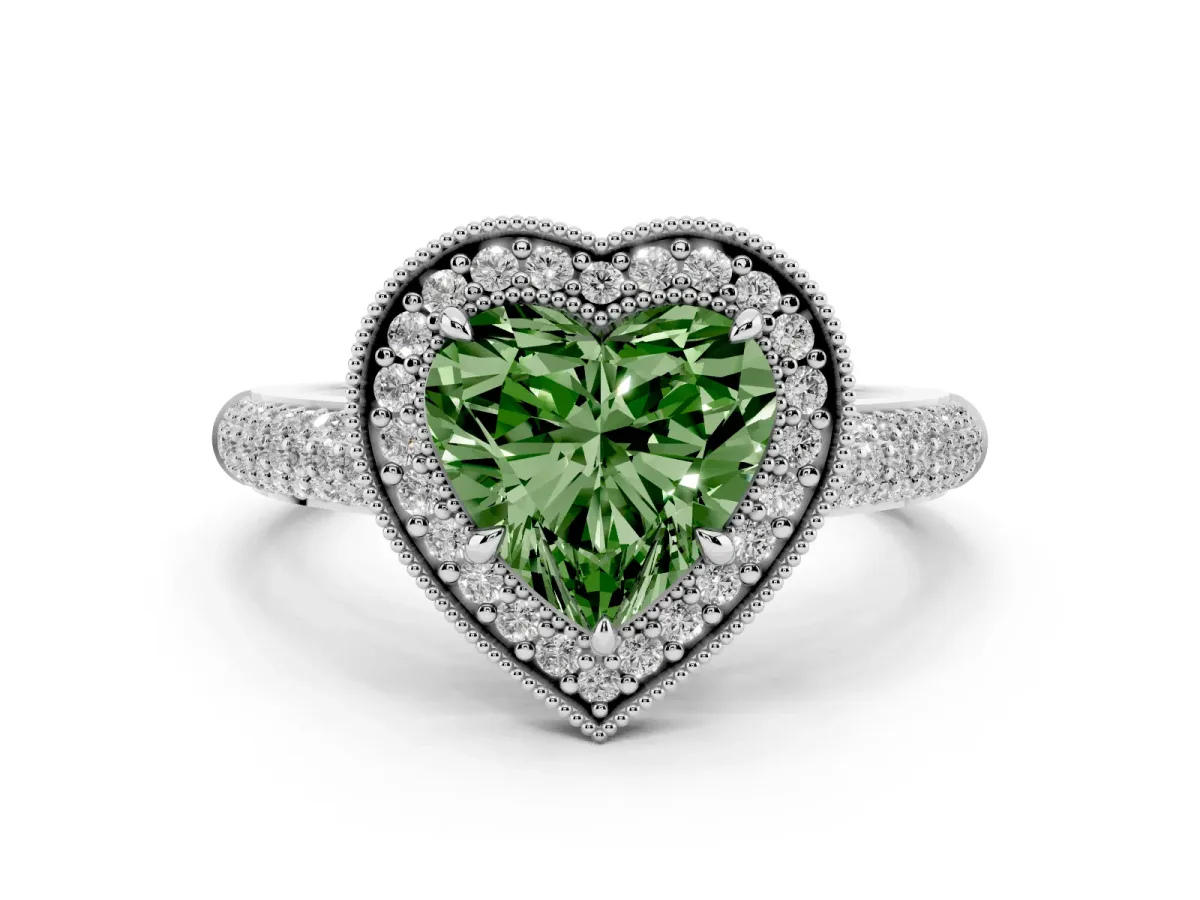 Fancy Green Heart Cut Cut Halo Diamond Pave Band with Four-Prong Setting Platinum