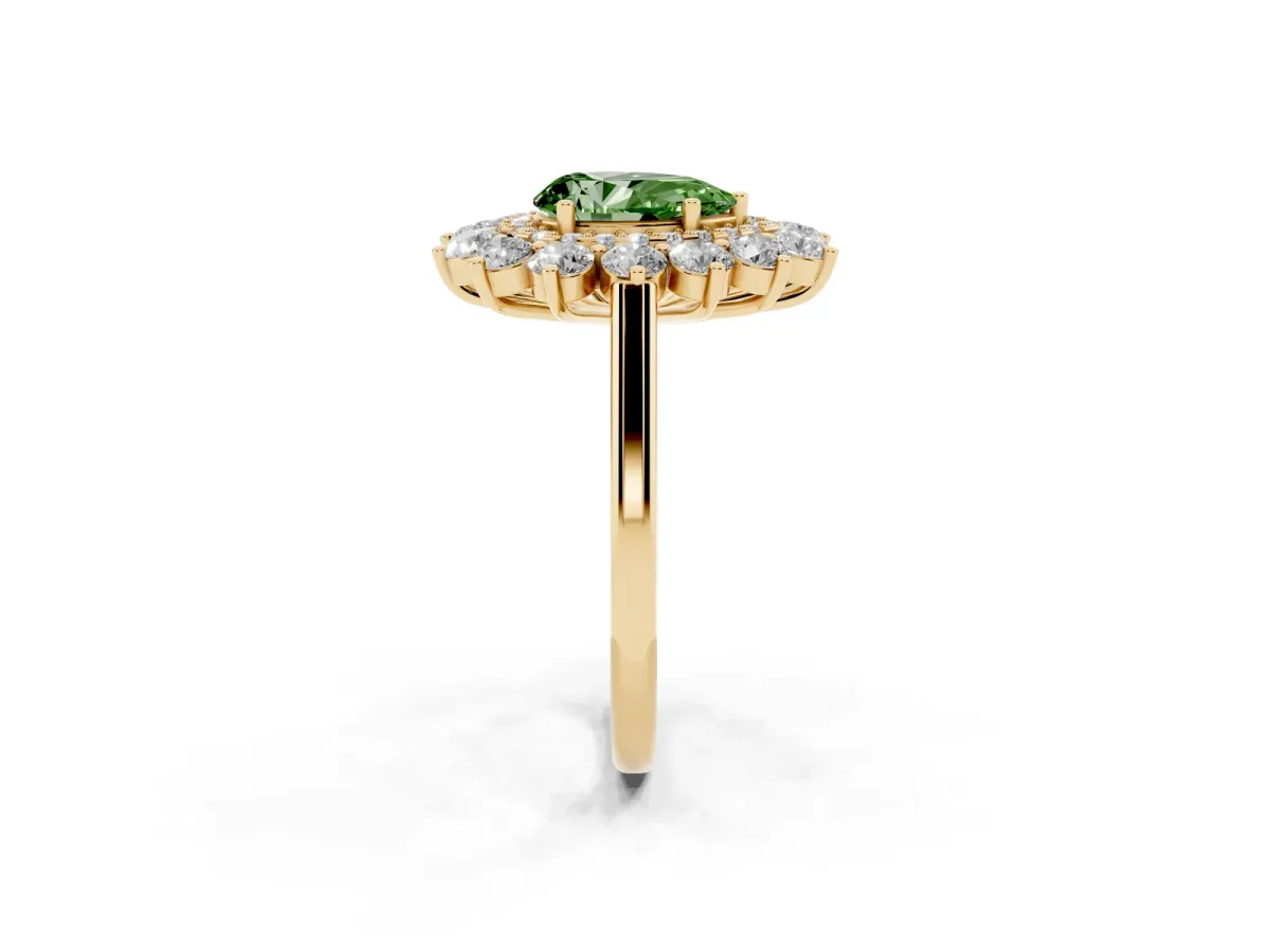 Fancy Green Pear Cut Diamond Floral Double Halo Engagement Ring with Prong Setting Yellow gold