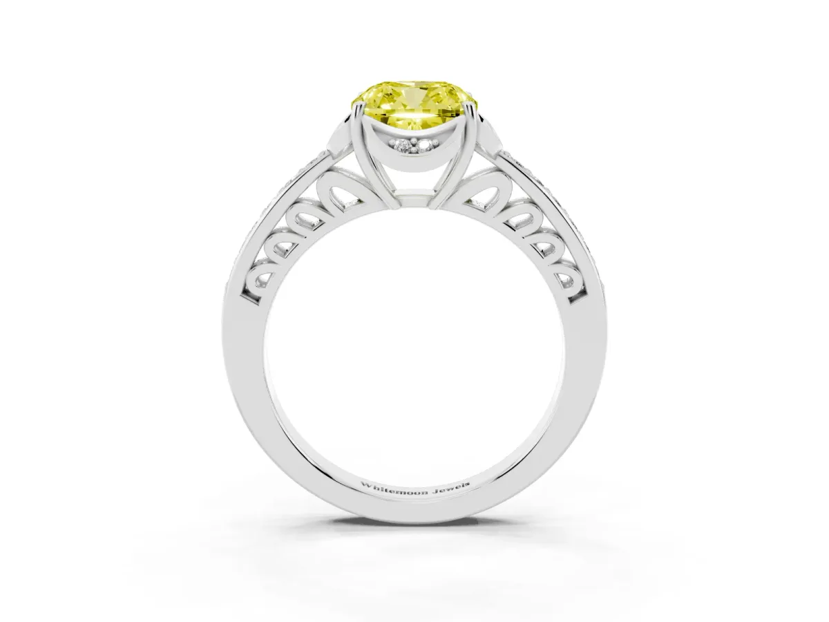 Fancy Yellow Cushion Cut Cut Halo Diamond Ring with Channel Set Band and Four-Prong Setting White gold