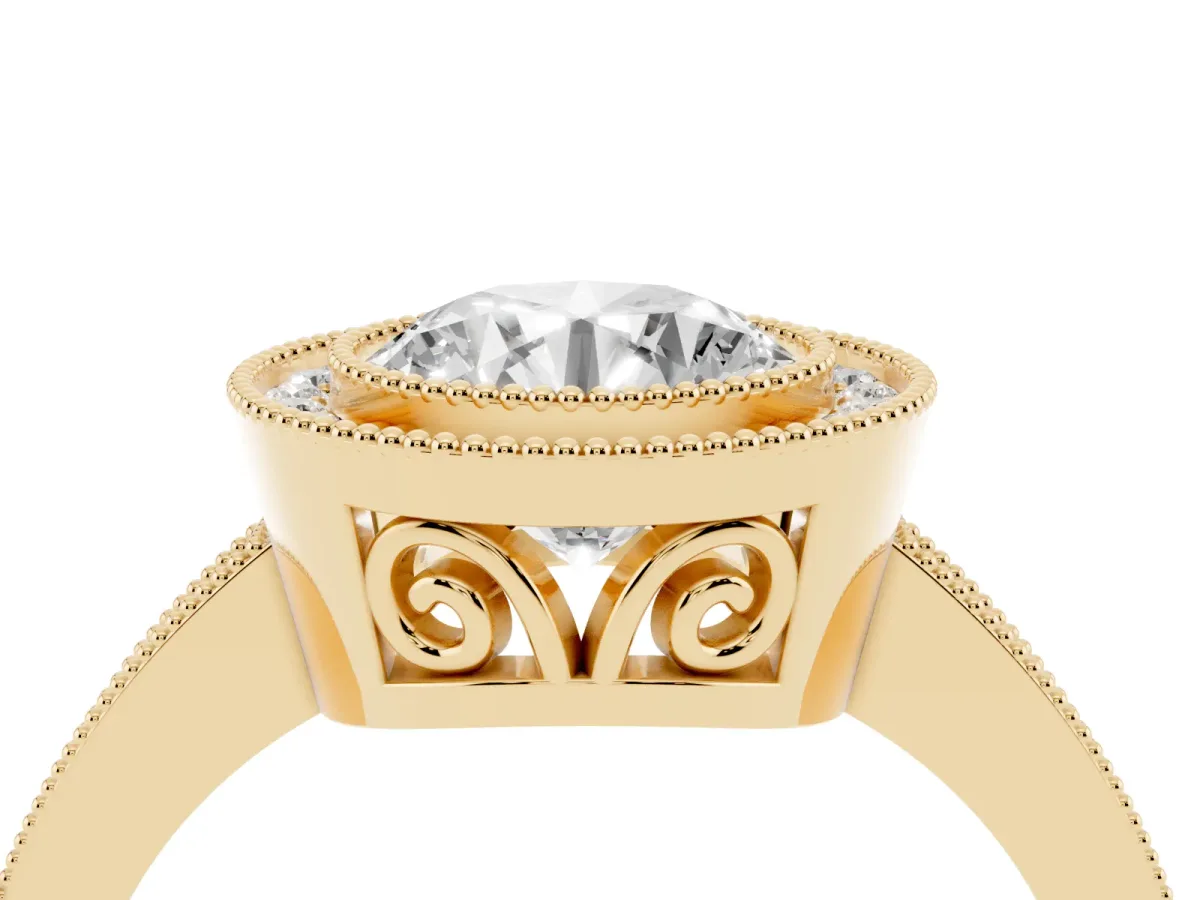 Round Cut Cut Halo Diamond Ring with Pavé Band and Milgrain Prong Setting Yellow gold