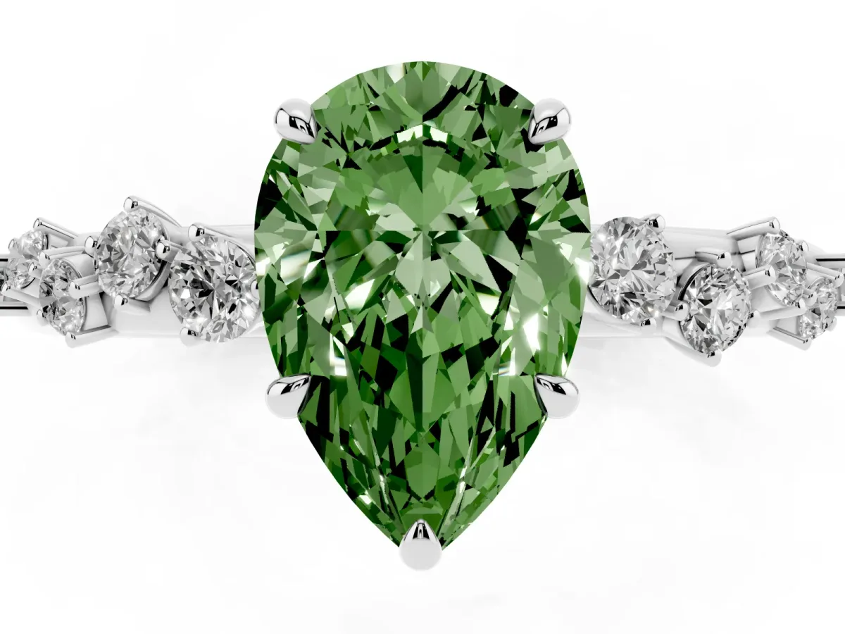 Fancy Green Pear Cut Diamond Cluster Prong-Set Solitaire Ring White gold