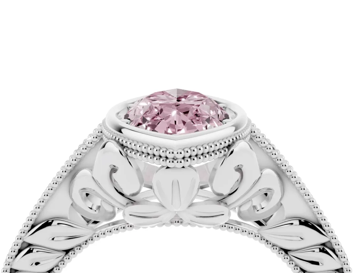 Fancy Pink Bezel Set Marquise Cut Diamond Milgrain Pave Engagement Ring Silver