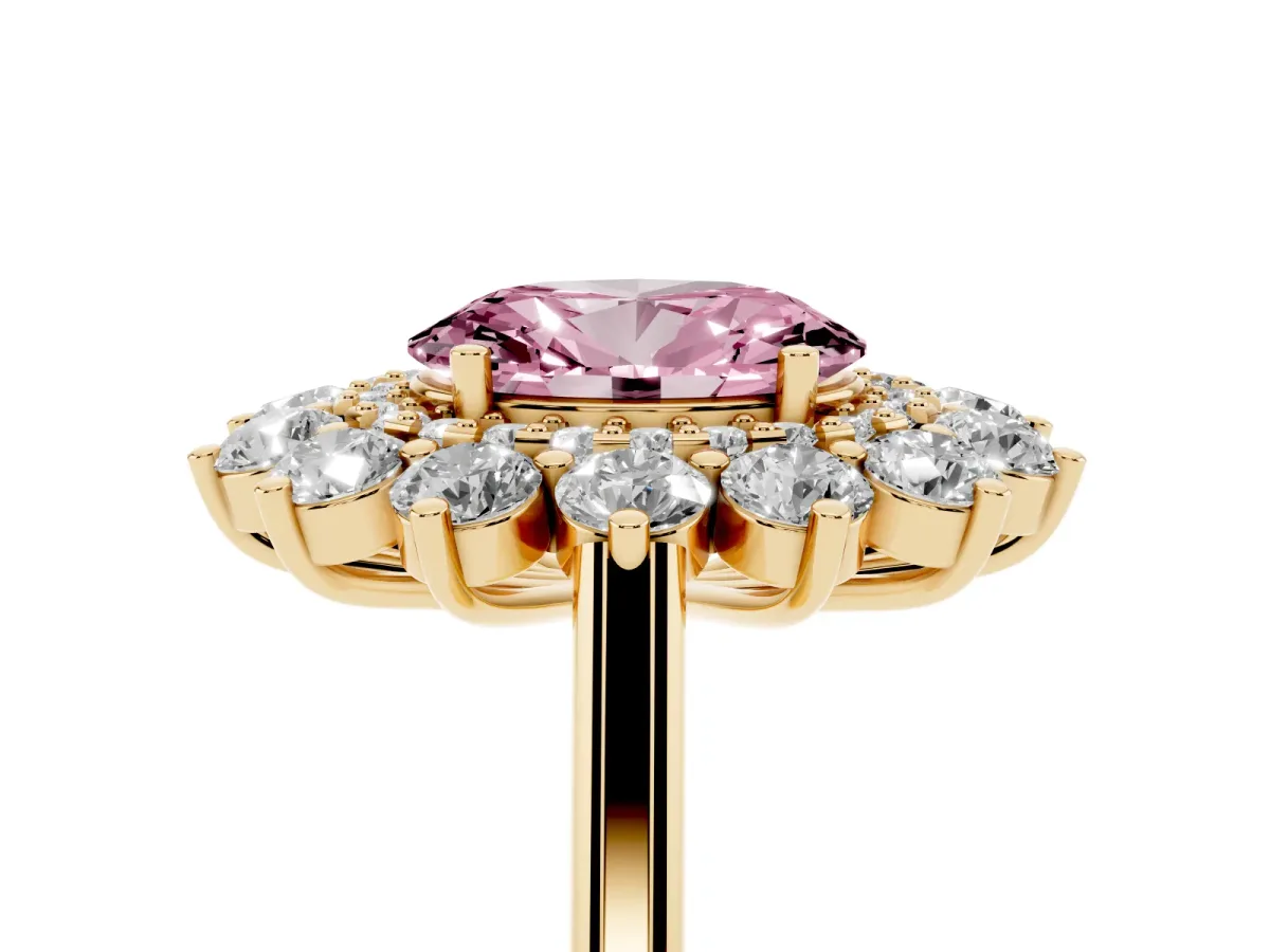 Fancy Pink Oval Cut Diamond Floral Double Halo Engagement Ring with Prong Setting Yellow gold