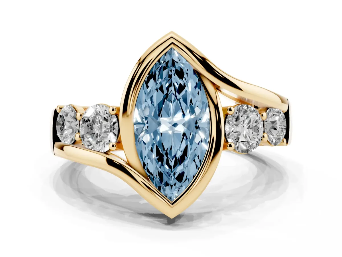 Fancy Blue Bezel Set Marquise Cut Diamond Bypass Ring with Round Accents Yellow gold