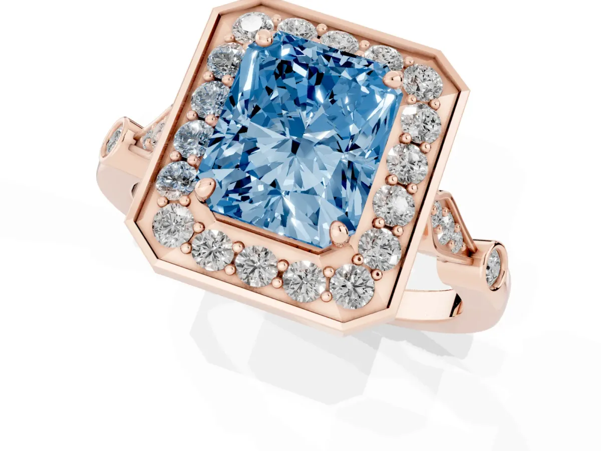 Fancy Blue Radiant Cut Halo Diamond Engagement Ring with Twisted Band and Four-Prong Setting Rose gold