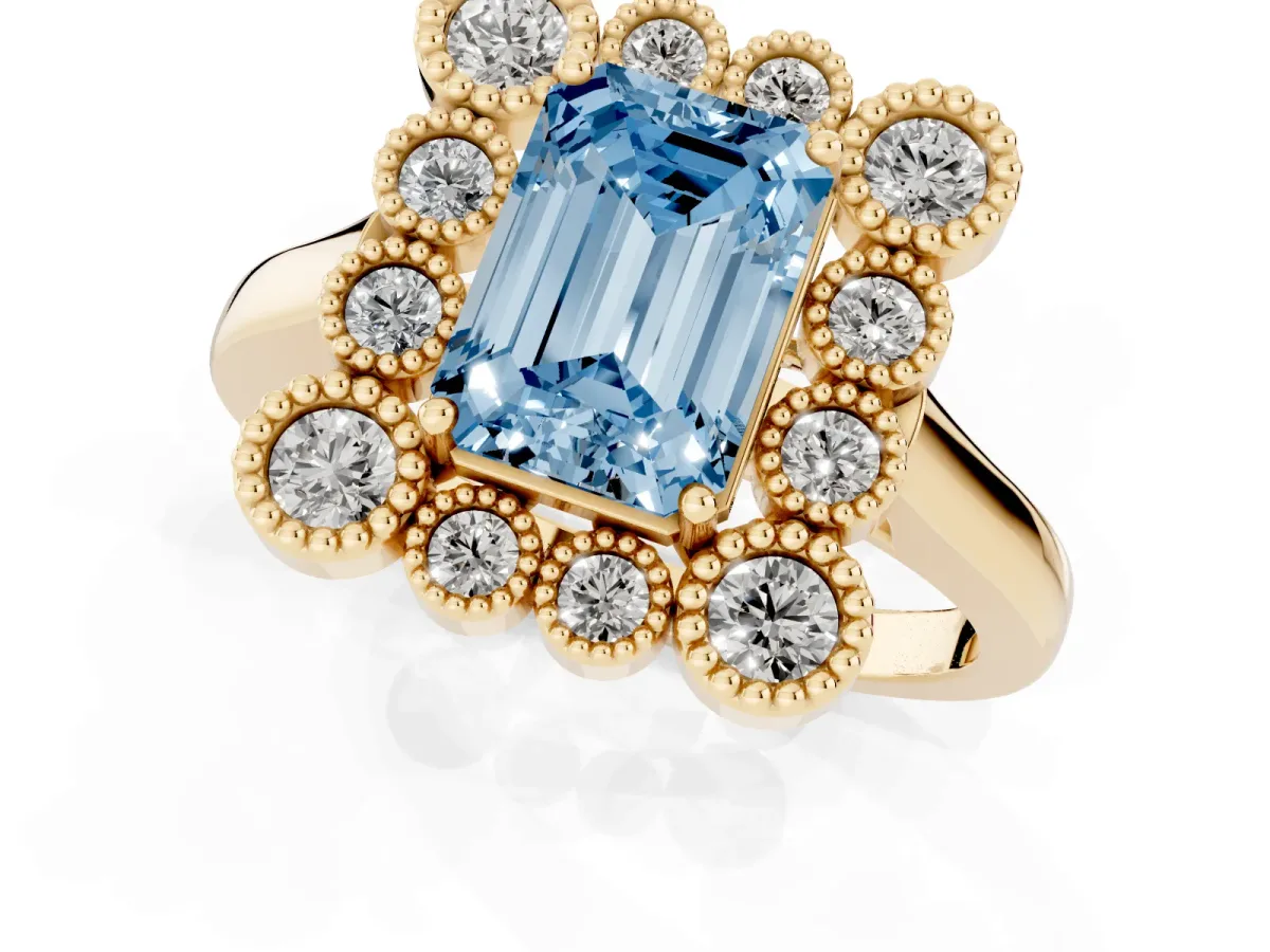 Fancy Blue Emerald Cut Halo Diamond Cluster Engagement Ring with Milgrain Bezel Setting and Solitaire Band Yellow gold